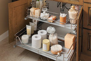 U-shaped Slide-Out cabinet storage in a vanity sink base cabinet