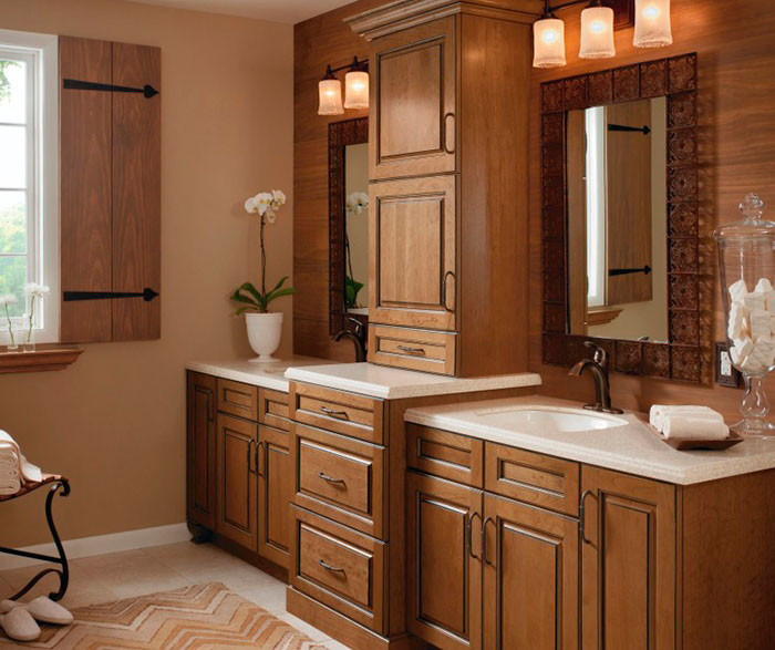 Glazed cabinets in casual bathroom by Kitchen Craft Cabinetry